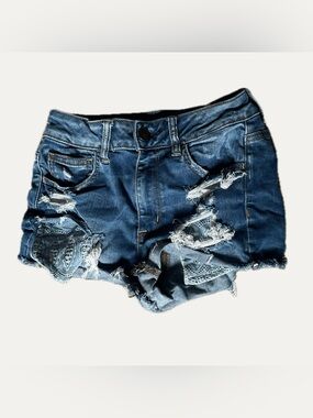 American Eagle Outfitters Distressed Lace-Panel Jean Shorts - Blue
